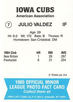 1985 TCMA Iowa Cubs #7 Julio Valdez Back