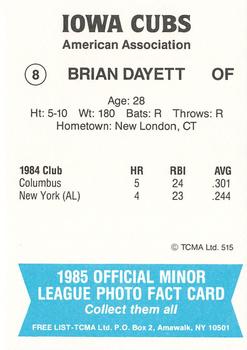 1985 TCMA Iowa Cubs #8 Brian Dayett Back
