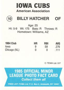 1985 TCMA Iowa Cubs #10 Billy Hatcher Back