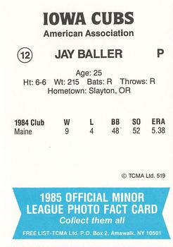 1985 TCMA Iowa Cubs #12 Jay Baller Back