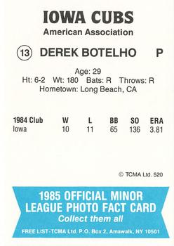 1985 TCMA Iowa Cubs #13 Derek Botelho Back