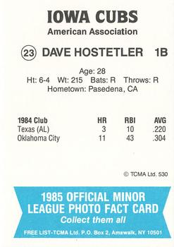 1985 TCMA Iowa Cubs #23 Dave Hostetler Back