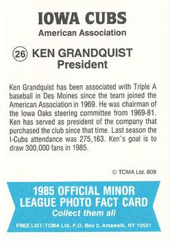 1985 TCMA Iowa Cubs #26 Ken Grandquist Back