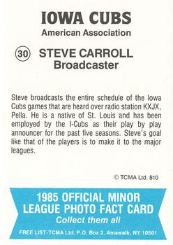 1985 TCMA Iowa Cubs #30 Steve Carroll Back