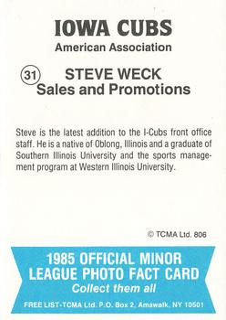1985 TCMA Iowa Cubs #31 Steve Weck Back