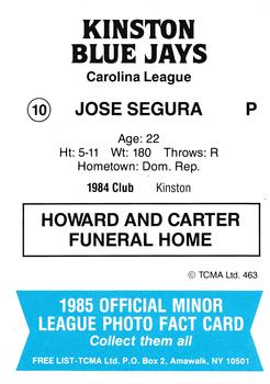 1985 TCMA Kinston Blue Jays #10 Jose Segura Back
