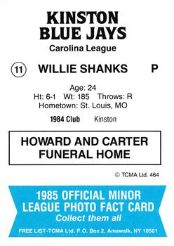 1985 TCMA Kinston Blue Jays #11 Willie Shanks Back