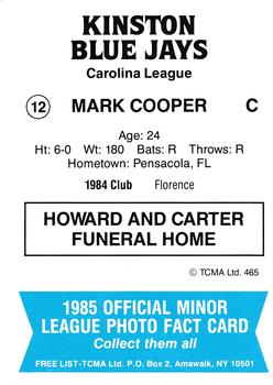 1985 TCMA Kinston Blue Jays #12 Mark Cooper Back