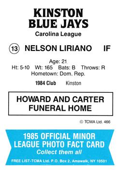 1985 TCMA Kinston Blue Jays #13 Nelson Liriano Back
