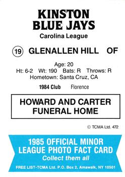 1985 TCMA Kinston Blue Jays #19 Glenallen Hill Back