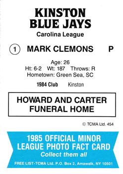1985 TCMA Kinston Blue Jays #1 Mark Clemons Back