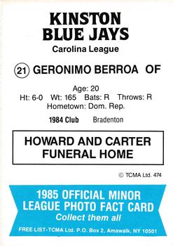 1985 TCMA Kinston Blue Jays #21 Geronimo Berroa Back