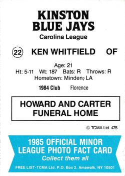 1985 TCMA Kinston Blue Jays #22 Ken Whitfield Back