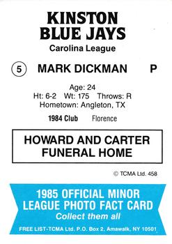 1985 TCMA Kinston Blue Jays #5 Mark Dickman Back