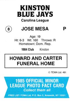 1985 TCMA Kinston Blue Jays #8 Jose Mesa Back