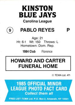 1985 TCMA Kinston Blue Jays #9 Pablo Reyes Back