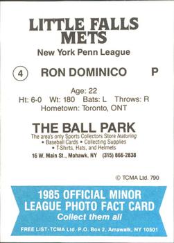 1985 TCMA Little Falls Mets #4 Ron Dominico Back