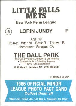 1985 TCMA Little Falls Mets #6 Lorin Jundy Back