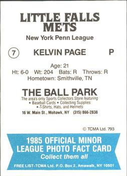 1985 TCMA Little Falls Mets #7 Kelvin Page Back