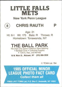 1985 TCMA Little Falls Mets #8 Chris Rauth Back