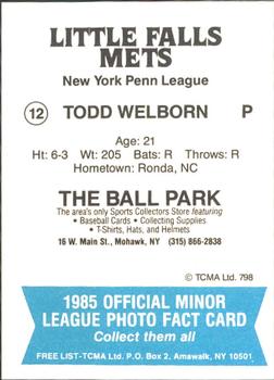 1985 TCMA Little Falls Mets #12 Todd Welborn Back