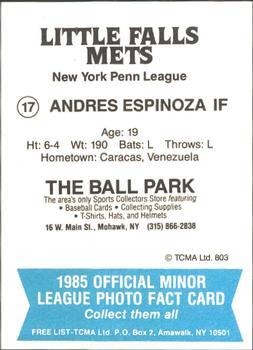 1985 TCMA Little Falls Mets #17 Andres Espinoza Back