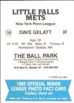 1985 TCMA Little Falls Mets #18 Dave Gelatt Back