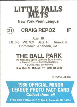 1985 TCMA Little Falls Mets #21 Craig Repoz Back