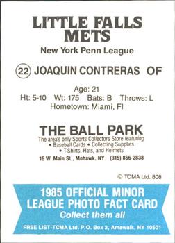 1985 TCMA Little Falls Mets #22 Joaquin Contreras Back