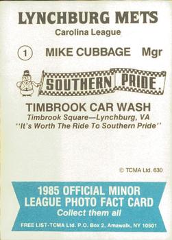 1985 TCMA Lynchburg Mets #1 Mike Cubbage Back