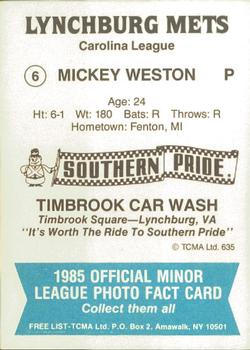 1985 TCMA Lynchburg Mets #6 Mickey Weston Back