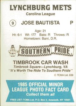 1985 TCMA Lynchburg Mets #9 Jose Bautista Back