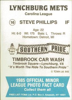 1985 TCMA Lynchburg Mets #16 Steve Phillips Back