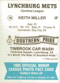 1985 TCMA Lynchburg Mets #18 Keith Miller Back