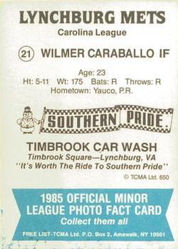 1985 TCMA Lynchburg Mets #21 Wilmer Caraballo Back