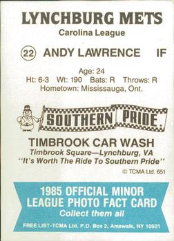 1985 TCMA Lynchburg Mets #22 Andy Lawrence Back