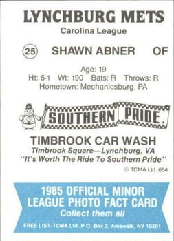 1985 TCMA Lynchburg Mets #25 Shawn Abner Back