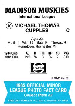 1985 TCMA Madison Muskies #10 Michael Cupples Back