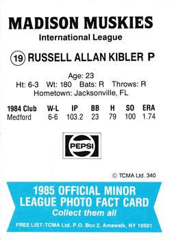 1985 TCMA Madison Muskies #19 Russell Kibler Back