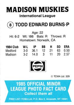 1985 TCMA Madison Muskies #8 Todd Burns Back