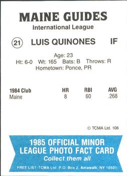 1985 TCMA Maine Guides #21 Luis Quinones Back