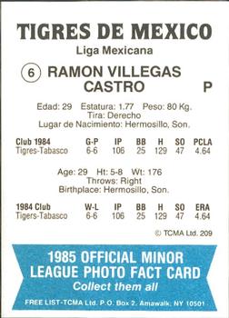 1985 TCMA Mexico City Tigers #6 Ramon Villegas Back
