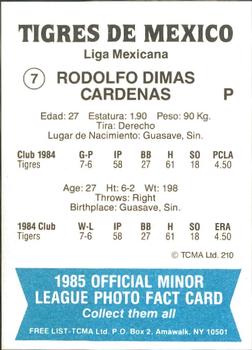 1985 TCMA Mexico City Tigers #7 Rodolfo Dimas Back