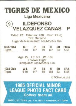 1985 TCMA Mexico City Tigers #9 Ildefonso Velazquez Back