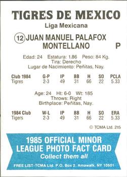 1985 TCMA Mexico City Tigers #12 Juan Palafox Back