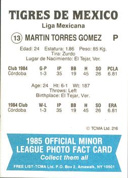 1985 TCMA Mexico City Tigers #13 Martin Torres Back