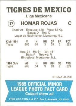 1985 TCMA Mexico City Tigers #17 Homar Rojas Back