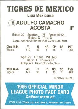 1985 TCMA Mexico City Tigers #18 Adulfo Camacho Back
