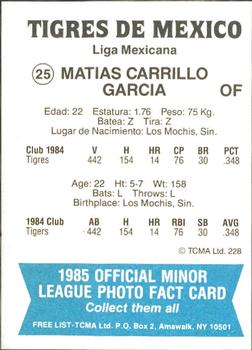1985 TCMA Mexico City Tigers #25 Matias Carrillo Back