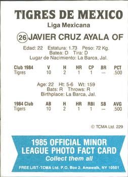 1985 TCMA Mexico City Tigers #26 Javier Cruz Back